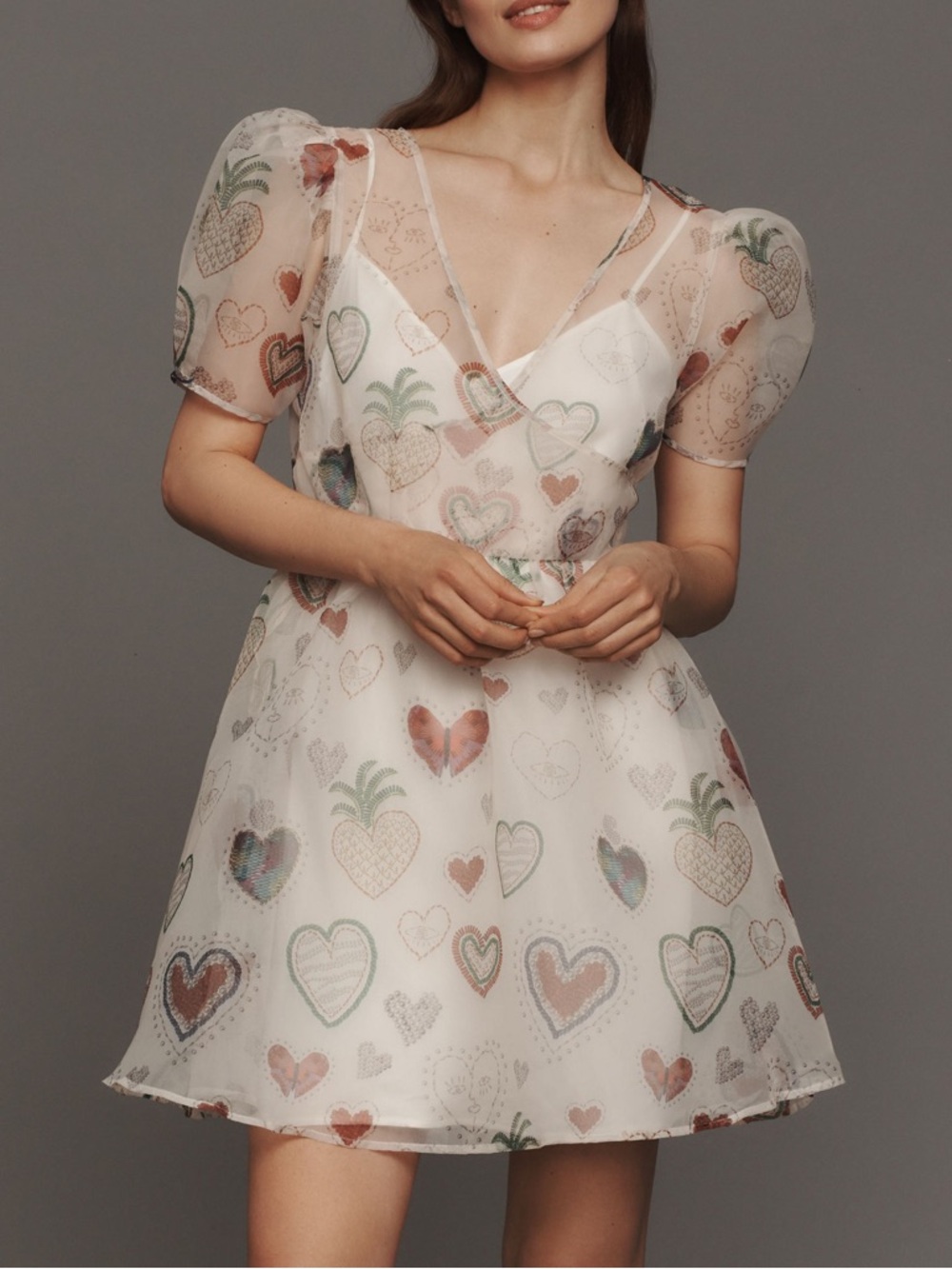 Farm Rio Semi-Sheer Puff-Sleeve Mini Dress Size S